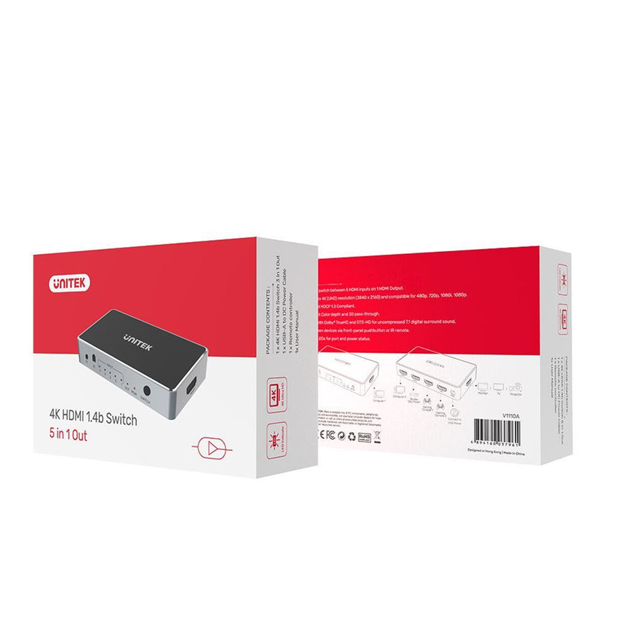 Unitek V1110A - 5-In-1-Out 4K HDMI 1.4b Switch. Supports up to 4K@30Hz (UHD) Resolution (3840 x 2160)