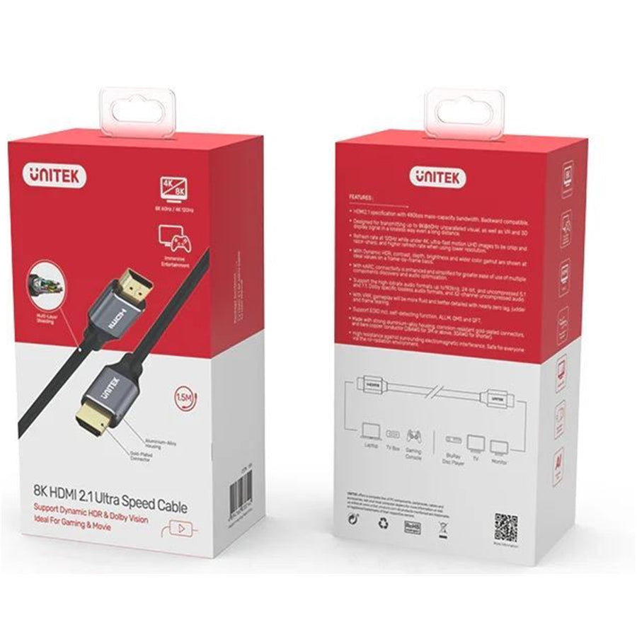 Unitek C140W - 5m HDMI 2.1 Full UHD Cable Supports up to 8K. Max. Res 7680x4320@60Hz & 4K@120Hz.
