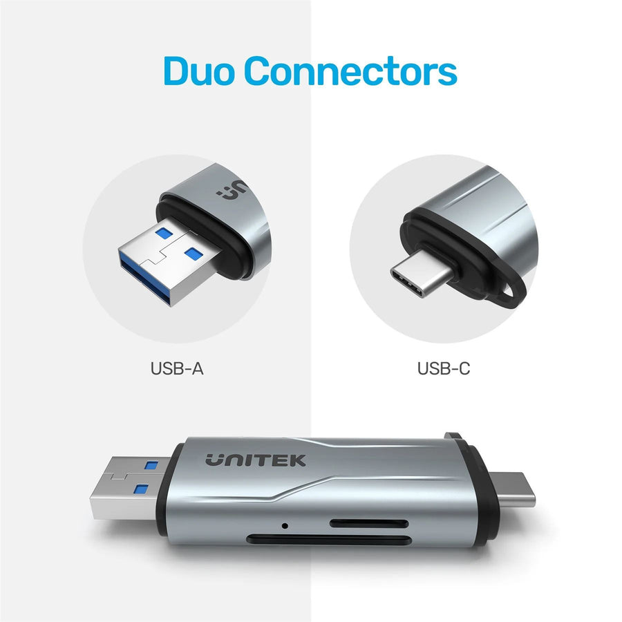 Unitek R1010A - 2-in-1 SD 3.0 Card Reader. Dual USB-A & USB-C Connectors. 5Gbps Fast Trasfer Speed