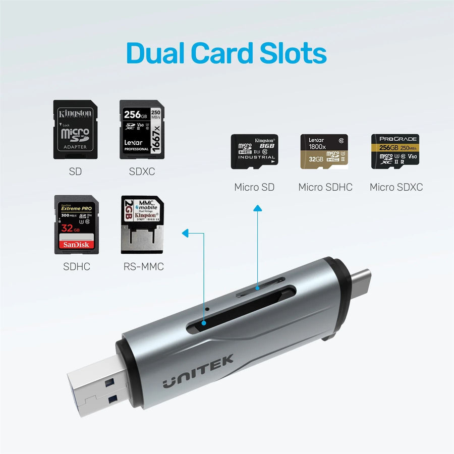 Unitek R1010A - 2-in-1 SD 3.0 Card Reader. Dual USB-A & USB-C Connectors. 5Gbps Fast Trasfer Speed