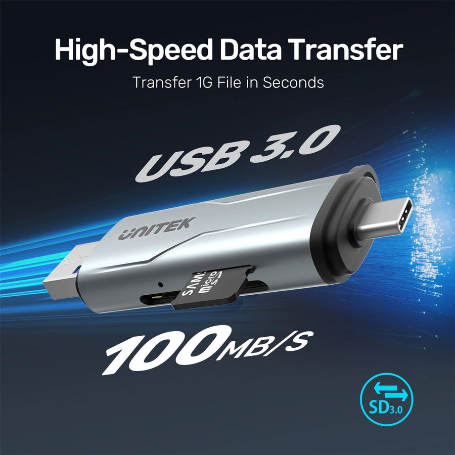 Unitek R1010A - 2-in-1 SD 3.0 Card Reader. Dual USB-A & USB-C Connectors. 5Gbps Fast Trasfer Speed