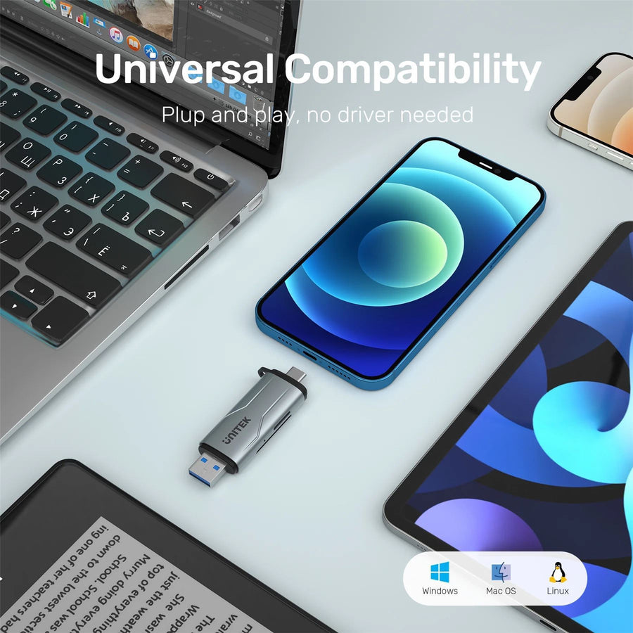 Unitek R1010A - 2-in-1 SD 3.0 Card Reader. Dual USB-A & USB-C Connectors. 5Gbps Fast Trasfer Speed