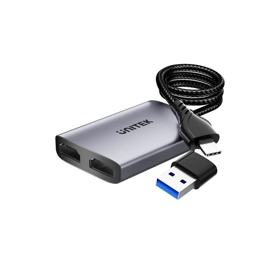Unitek V1427A - HDMI Dual Port Adapter w/ 60cm & USB-A&USB-C Connectors Mirror or Extend Display