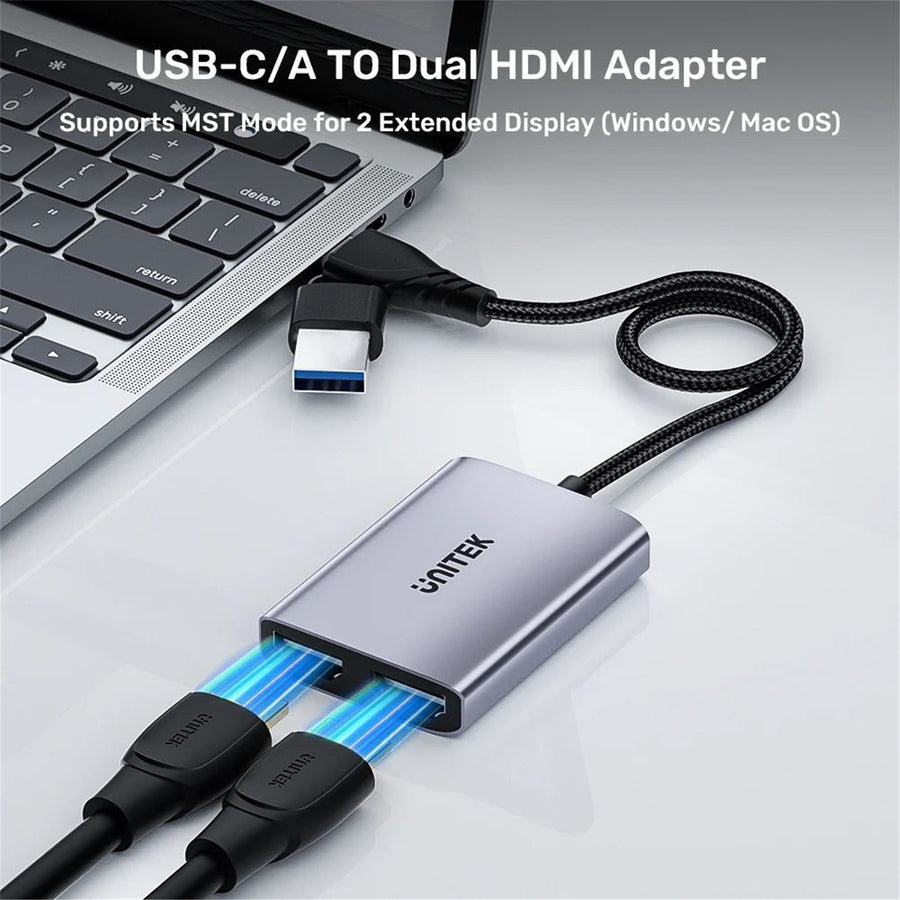 Unitek V1427A - HDMI Dual Port Adapter w/ 60cm & USB-A&USB-C Connectors Mirror or Extend Display