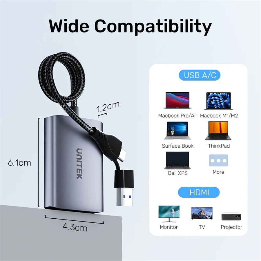 Unitek V1427A - HDMI Dual Port Adapter w/ 60cm & USB-A&USB-C Connectors Mirror or Extend Display