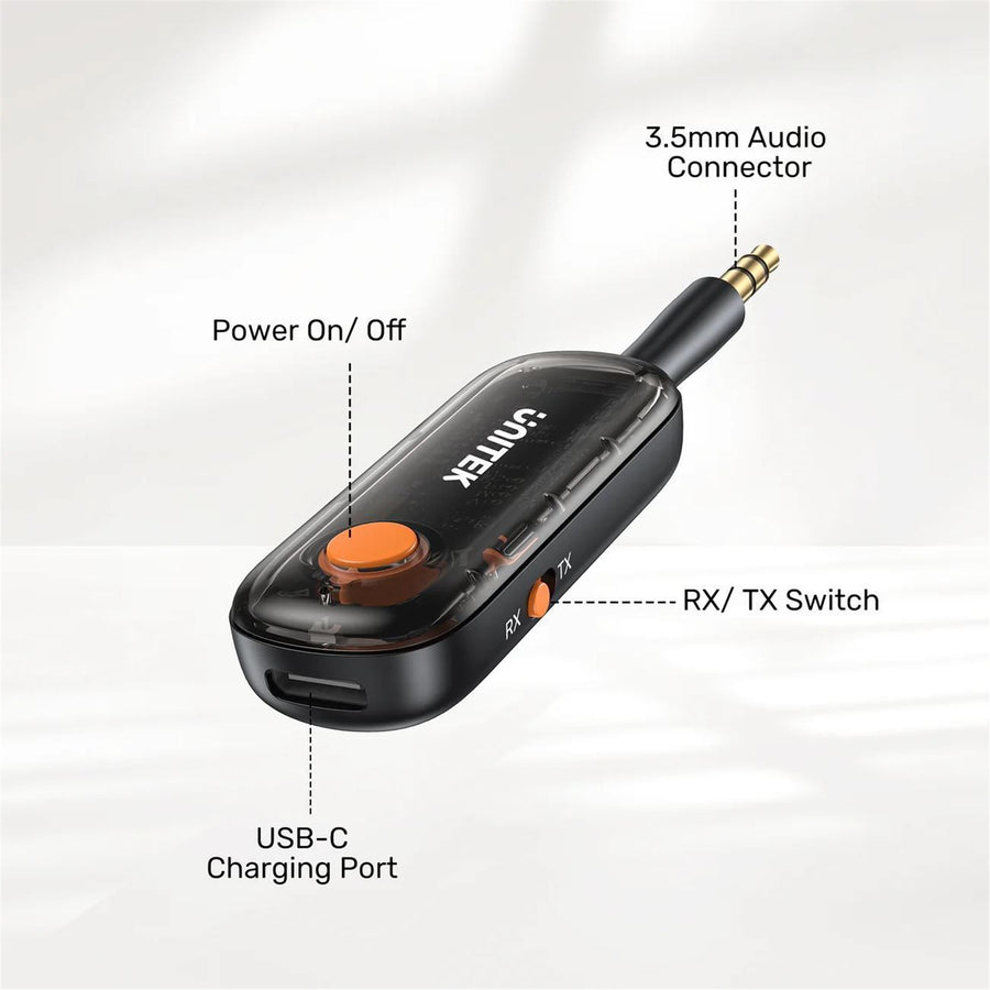 Unitek B1111A  2-in-1 3.5mm Audio Connector with Transmitter & Reciever Units - Perfect for Airplane Entertainment Systems, Car Audio, Home Stereo, Wired Speakers, etc - Up to 10 Hours Play Time, Dual-device Pairing