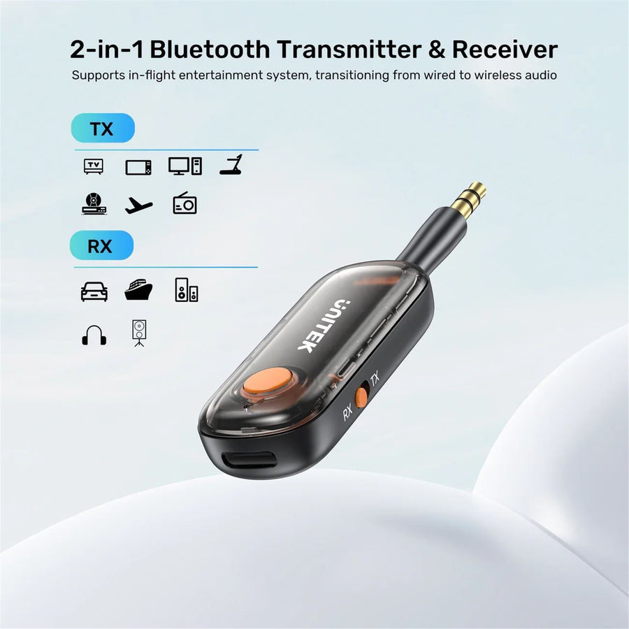 Unitek B1111A  2-in-1 3.5mm Audio Connector with Transmitter & Reciever Units - Perfect for Airplane Entertainment Systems, Car Audio, Home Stereo, Wired Speakers, etc - Up to 10 Hours Play Time, Dual-device Pairing