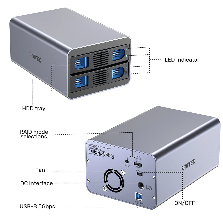 Unitek S1308B - 2-Bay RAID External HD Enclosure. Supports RAID 1 both 2.5'' & 3.5'' SATA HDD