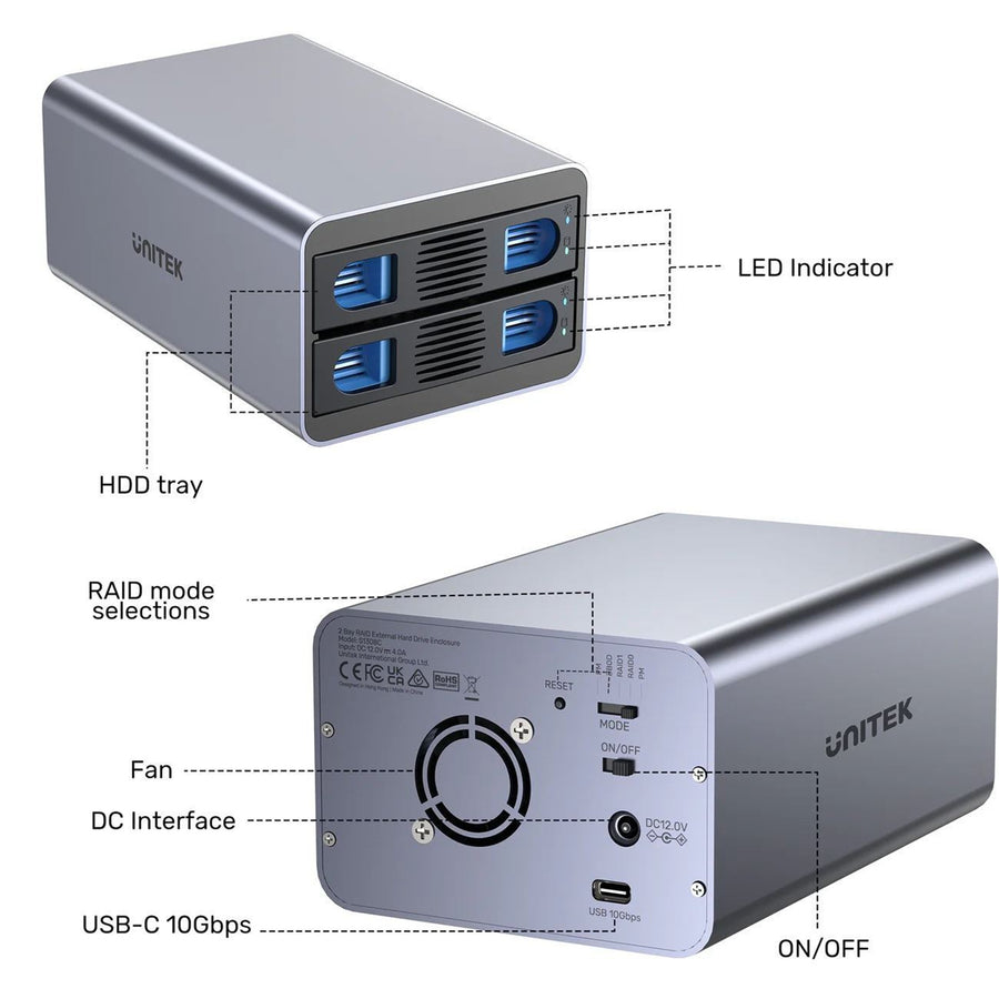 Unitek S1308C - 2-Bay USB-C RAID External HD Enclosure. Supports RAID 1 both 2.5'' & 3.5'' SATA HDD