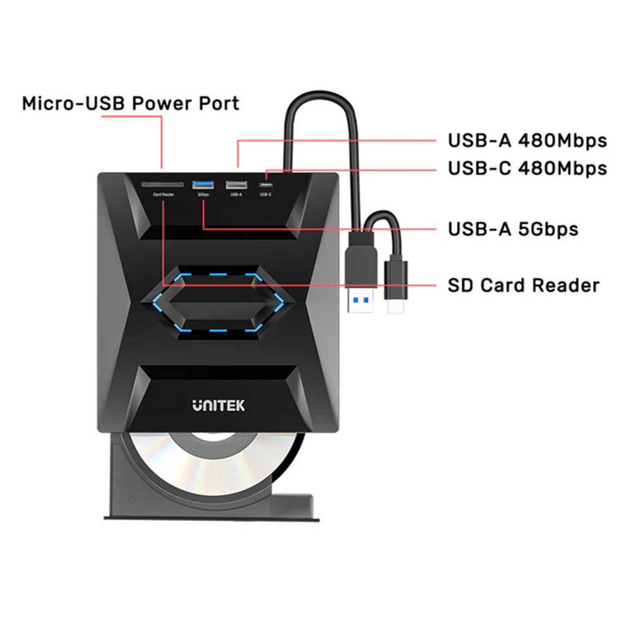 Unitek 5-in-1 External Optical Drive w/ USB Hub. High-Speed Writing & Reading