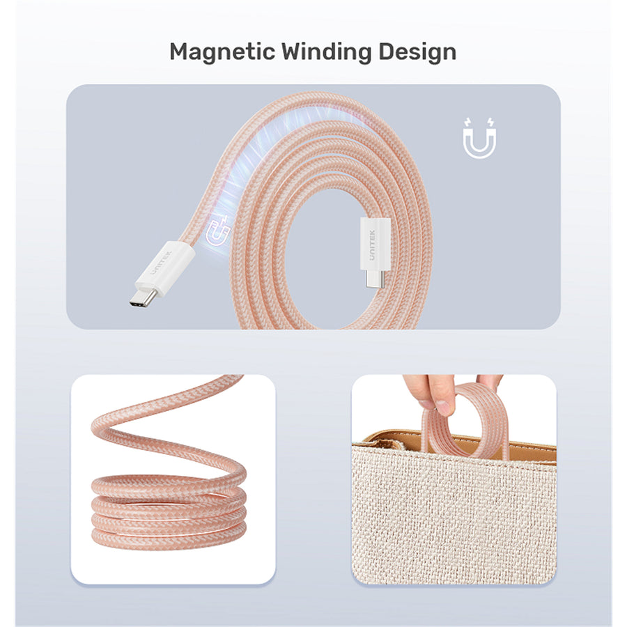 Unitek C14141A-PNK - 1M USB-C to USB-C Magnetic Cable. Supports 100W PD Fast Charging. Tangle-free