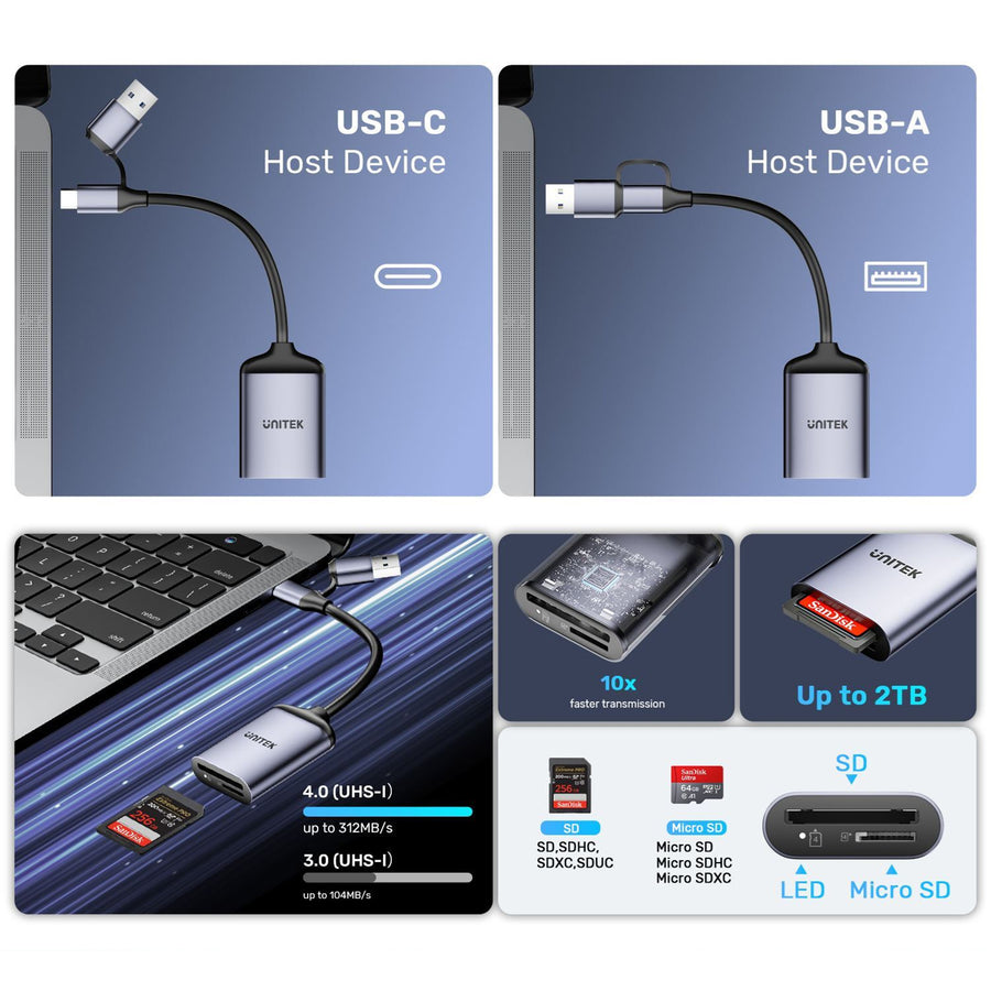 Unitek R1018E01 - 2-in-1 USB-C/A SD4.0 Card Reader. Simultaneously Reads/Writes