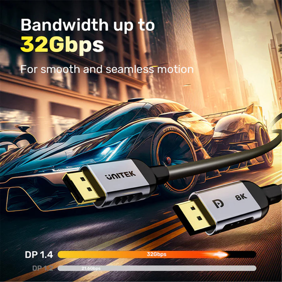 Unitek C1628GY01-1M - 1m 8K DisplayPort V1.4 (UHD) Cable. Max Res 8K@60Hz. p to 204Hz Refresh Rate