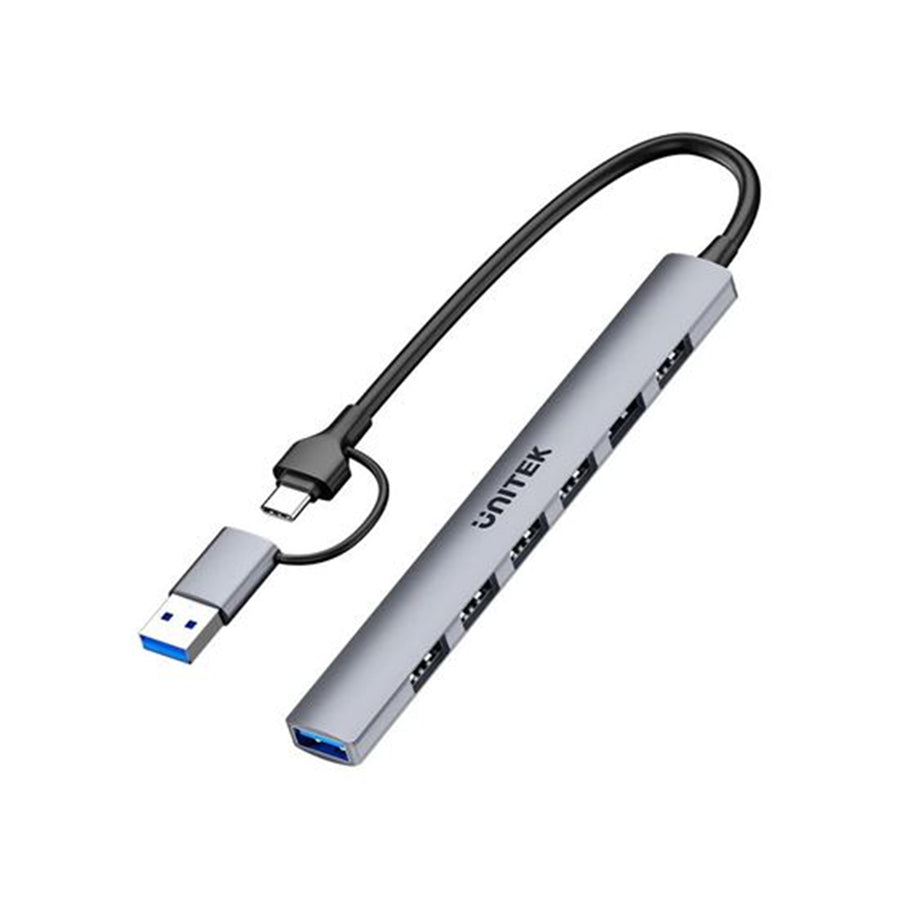 Unitek H1209A - 7-in-1 USB Multi-port Super Slim Hub USB-C & A Connectors. Includes 6x USB-A 480Mbps