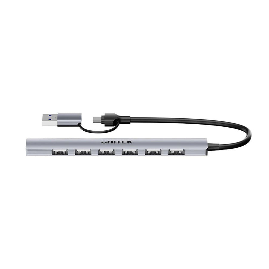 Unitek H1209A - 7-in-1 USB Multi-port Super Slim Hub USB-C & A Connectors. Includes 6x USB-A 480Mbps