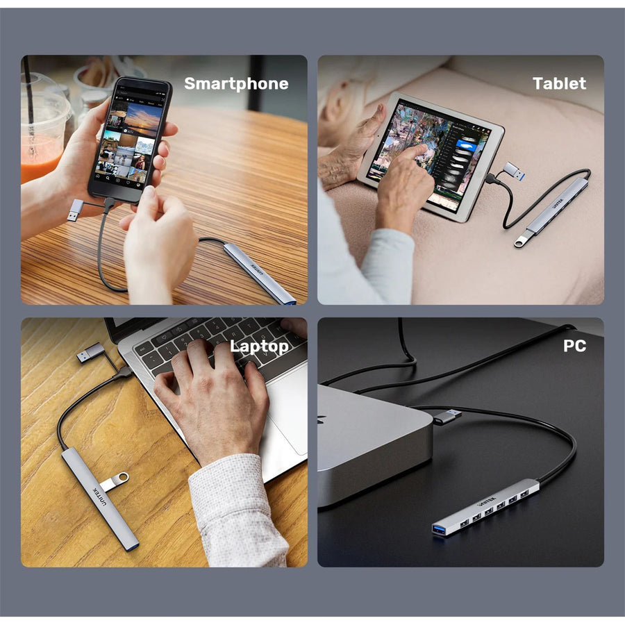 Unitek H1209A - 7-in-1 USB Multi-port Super Slim Hub USB-C & A Connectors. Includes 6x USB-A 480Mbps