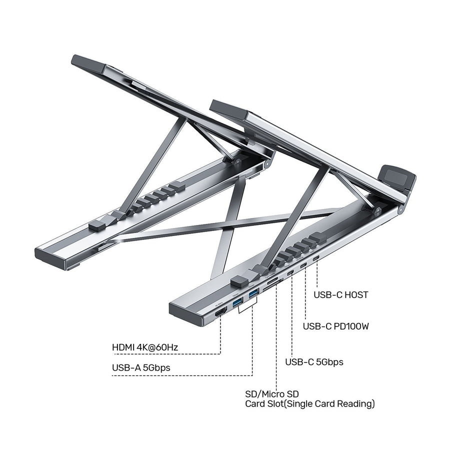 Unitek D1137A  7-in-1 Multi-Port Foldable Laptop Stand with Docking Station with USB-CConnector.Includes 2x USB-A 5Gbps, 1x USB-C 5Gbps Ports, 2x HDMI, SD/Micro SD Slot, PD 100W (USB-C, 20V/5A), Win/Mac/IOS/Androi