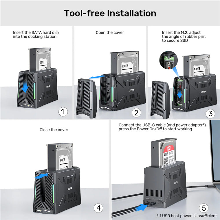 Unitek S1234B - USB-C Enclosure Docking Station. Supports Read/writing of 2.5”/3.5” SATA Drives.