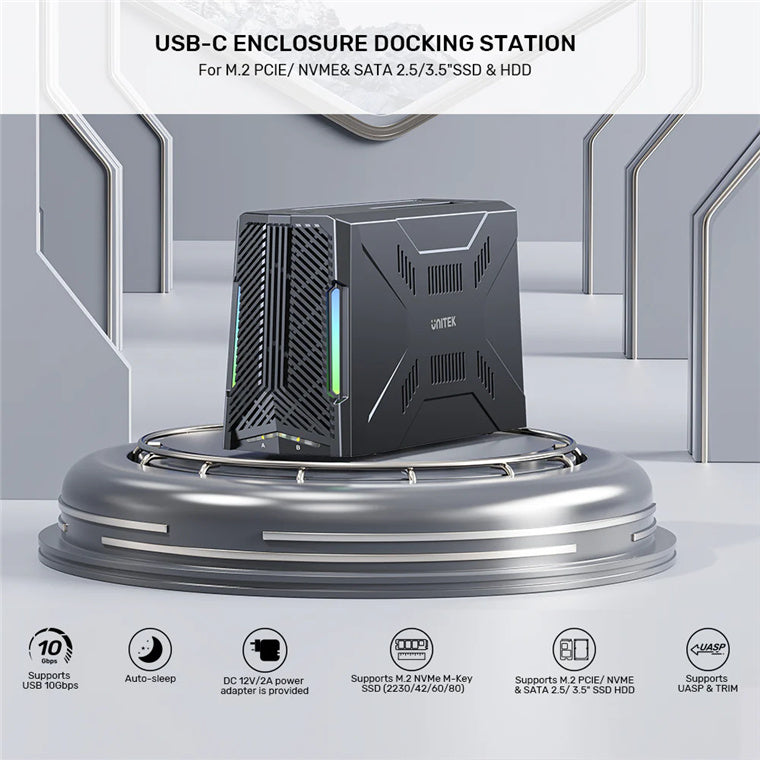 Unitek S1234B - USB-C Enclosure Docking Station. Supports Read/writing of 2.5”/3.5” SATA Drives.