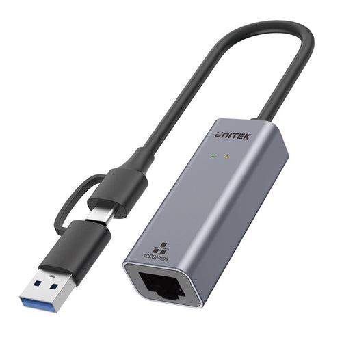Unitek Y-3465AV2 - USB to Gig Ethernet Adapter w/ 2-in-1 Connectors (USB-C & USB-A). Supports up to 5Gbps