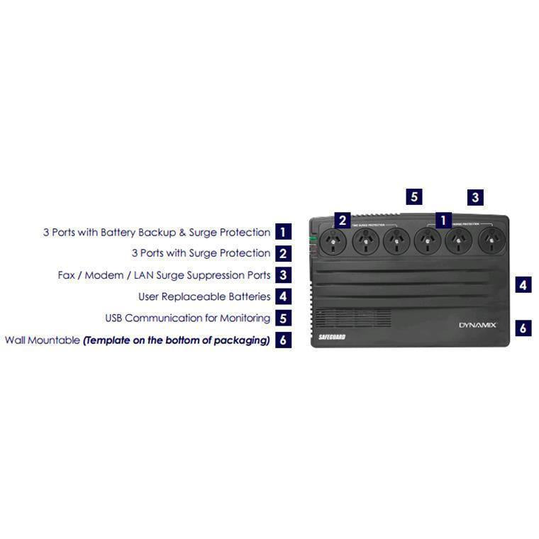 Dynamix UPSG750 SafeGuard 750VA (450W) Line Interactive UPS, 3xNZ Power Sockets with Surge + Battery Backup, 3xNZ Power Sockets with Surge 936J, Fax / Modem / LAN Protection Ports, Netguard Software, 2 Year Warranty