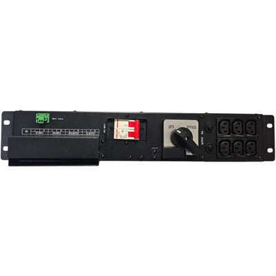 RackPower UPSBS-B801 - UPS Bypass Switch, 6-10 kVa, 63A single phase, 6x IEC C13 outlets (protected by 2 x 10A Thermal Overload), 19" 2U mounting, 63A C-Curve MCB, Bypass / UPS Isolator switch, with direct mount input terminals