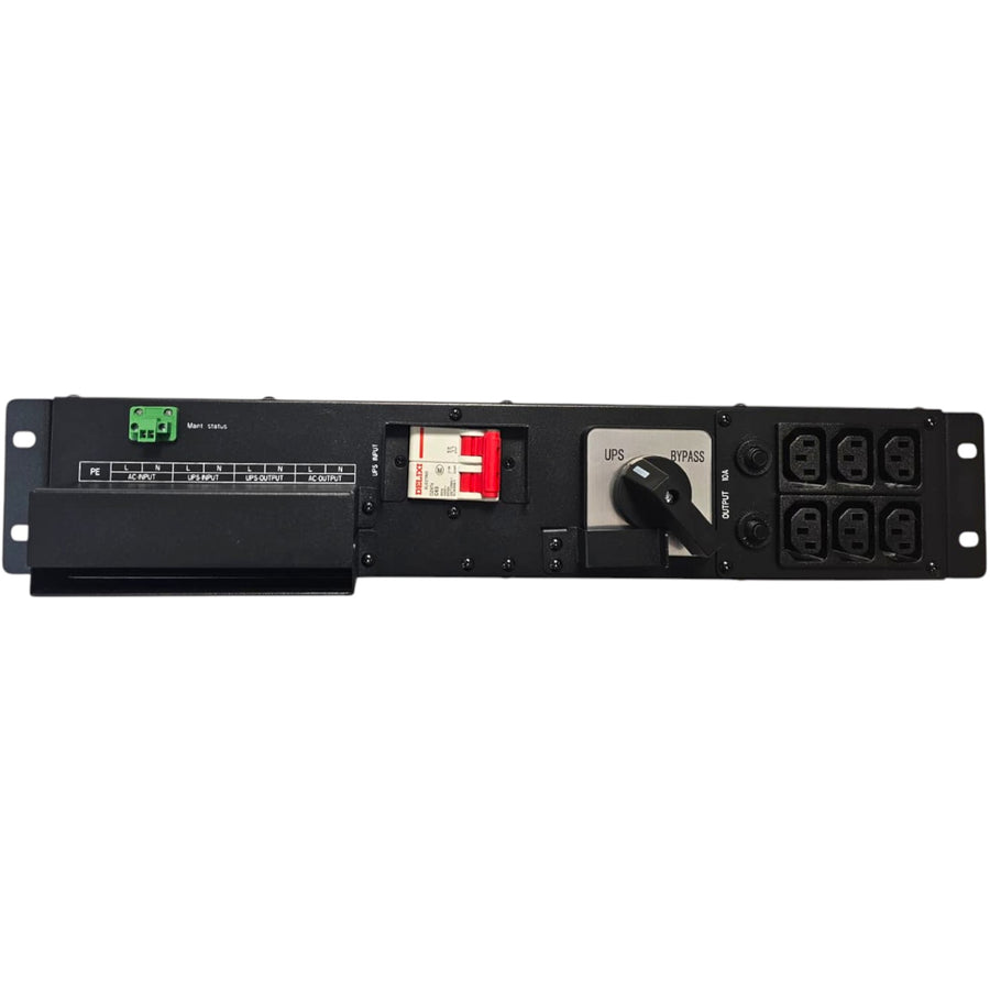 RackPower UPSBS-B801 - UPS Bypass Switch, 6-10 kVa, 63A single phase, 6x IEC C13 outlets (protected by 2 x 10A Thermal Overload), 19" 2U mounting, 63A C-Curve MCB, Bypass / UPS Isolator switch, with direct mount input terminals