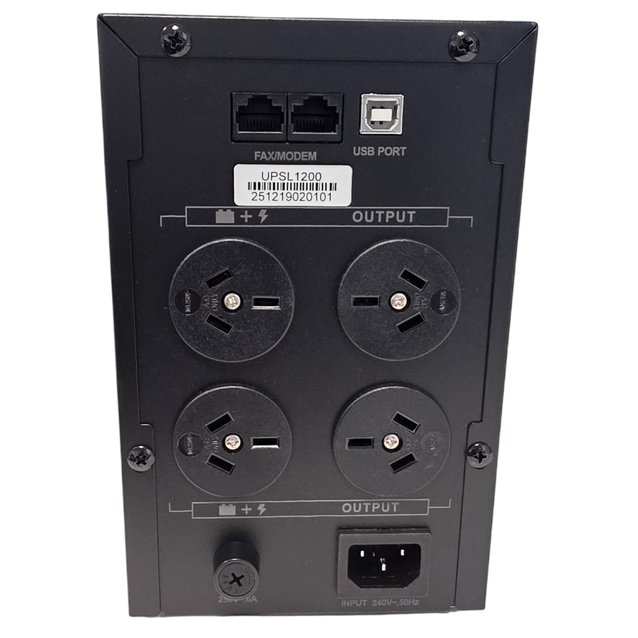 RackPower UPSL1200 - 1200VA Tower Line Interactive UPS, Single Phase 230V/50Hz. NZ 3 Pin outlets. 12V 9Ah Battery