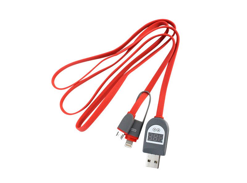 Go Wireless NZ USB-M-L-RED - 2in1 USB to MicroUSB or Lightning Flat Cable with digital LCD display voltage and current - RED