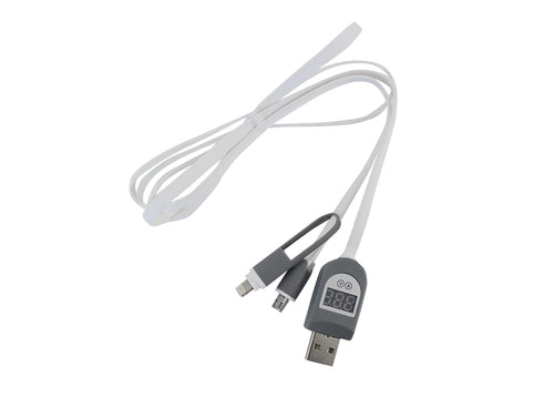USB-M-L-WHITE - 2 in 1 USB to MicroUSB or Lightning Flat Cable with digital LCD display voltage and current - WHITE