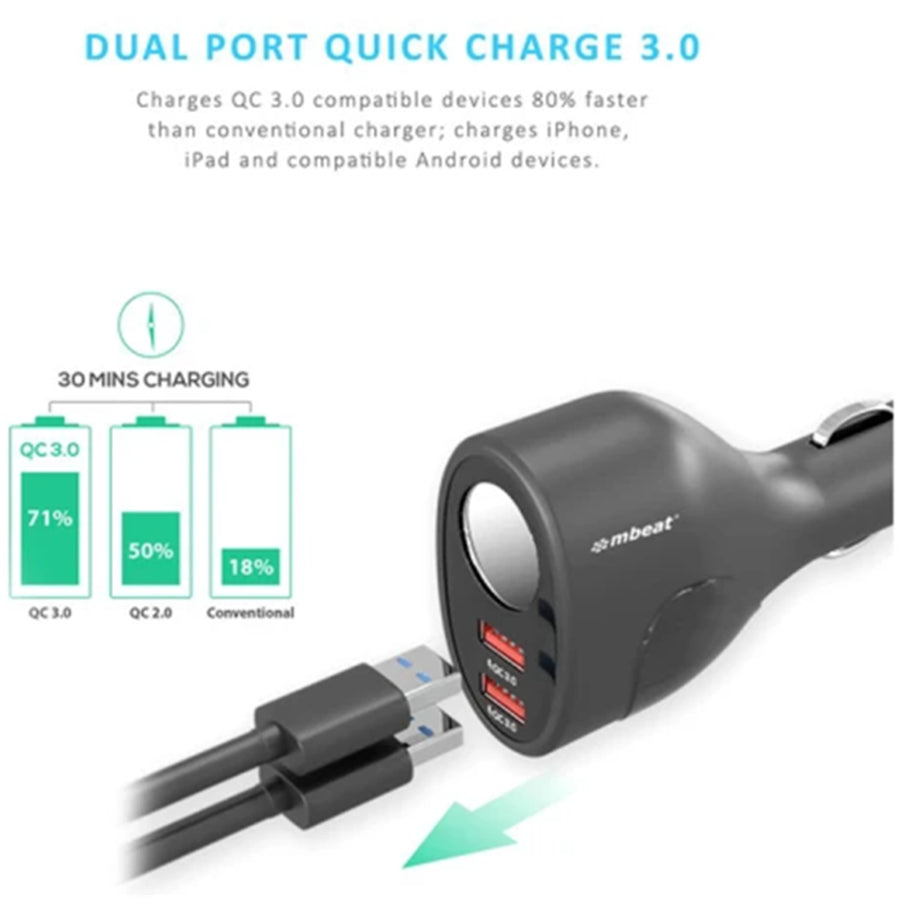 MB-CHGR-C18 - mbeat Gorilla Power Dual Port QC 3.0 Auto-Ladegerät mit Zigarettenanzünder-Buchse