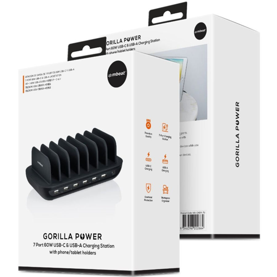 mbeat MB-CHGR-7U Gorilla Power 7 Port 60W USB & USB C Charging Station with Phone & Tablet Holders