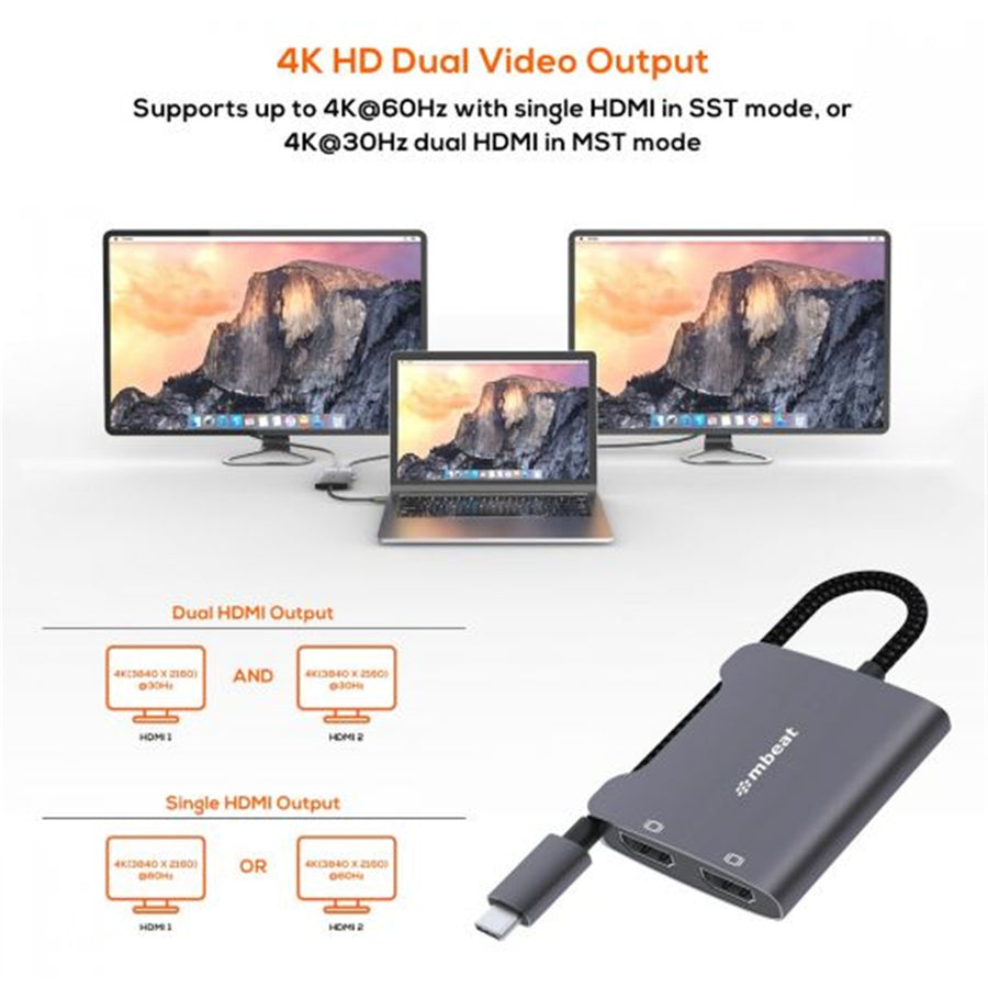 MB-XAD-CDHD - mbeat Tough Link USB-C to Dual 4K HDMI Adapter - Space Grey