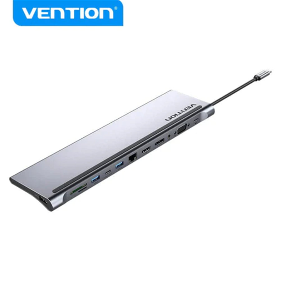 Vention Multi-function USB-C to DP/HDMI/VGA/USB-C Gen 1/USB 3.0x2/USB 2.0/RJ45/SD/TF/TRRS 3.5mm/PD Docking Station 0.25m Gray Metal Type