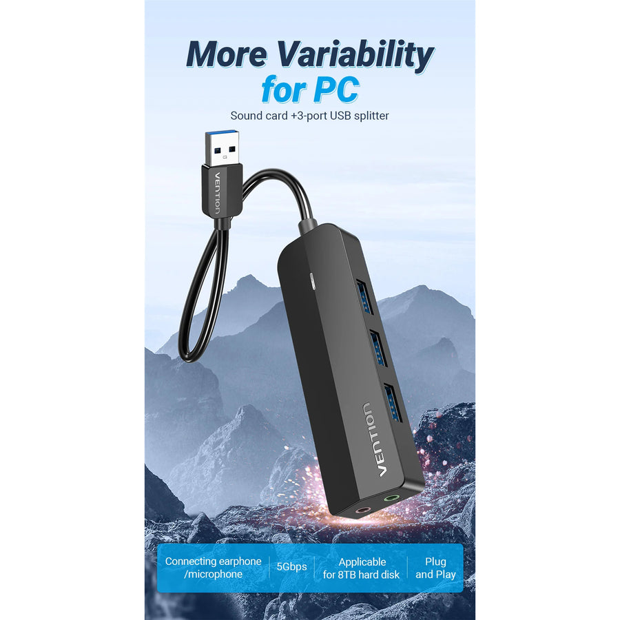 Vention USB 3.0 Hub 3 Ports USB Sound Card 2 in 1 External Stereo Audio Adapter 3.5mm with Headphone Microphone USB Sound Card
