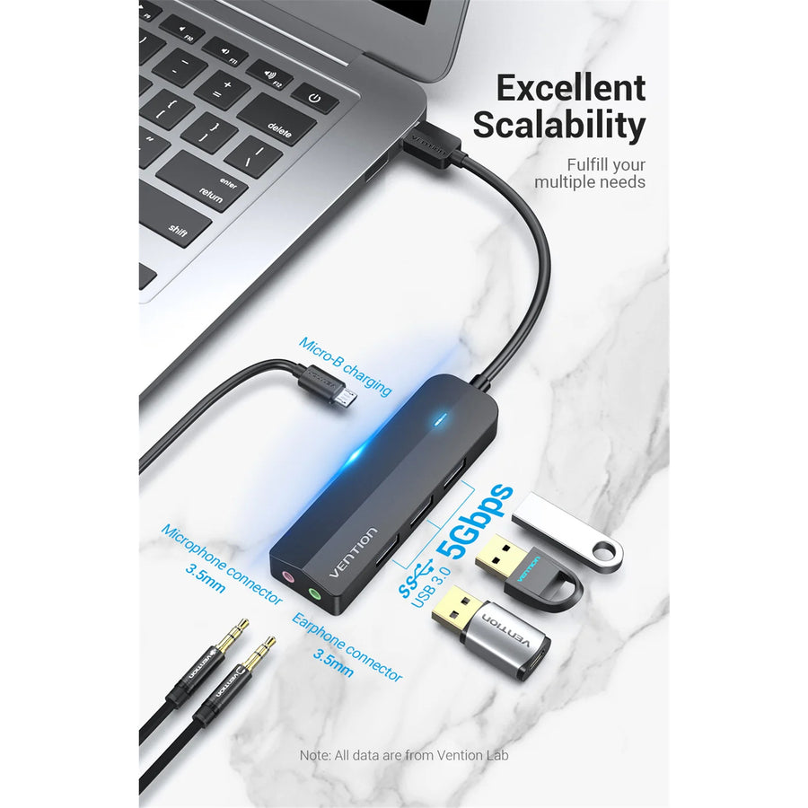 Vention USB 3.0 Hub 3 Ports USB Sound Card 2 in 1 External Stereo Audio Adapter 3.5mm with Headphone Microphone USB Sound Card