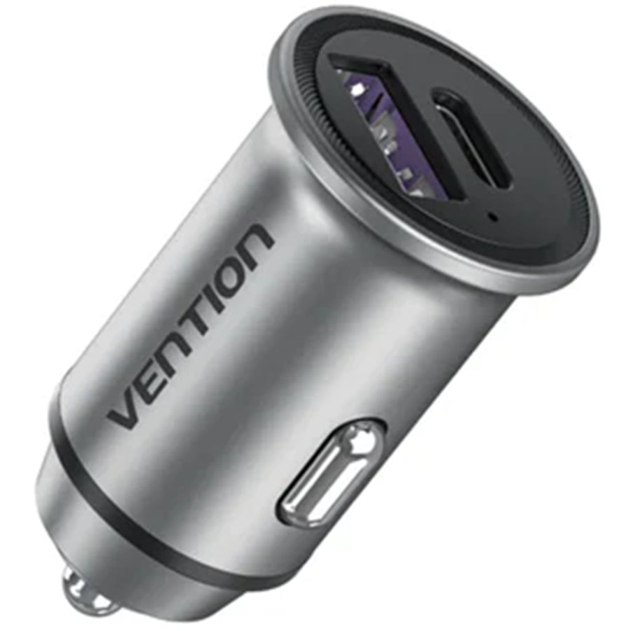 Vention Two-Port USB A+C(30+30) Car Charger Gray Mini Style Aluminium Alloy Type