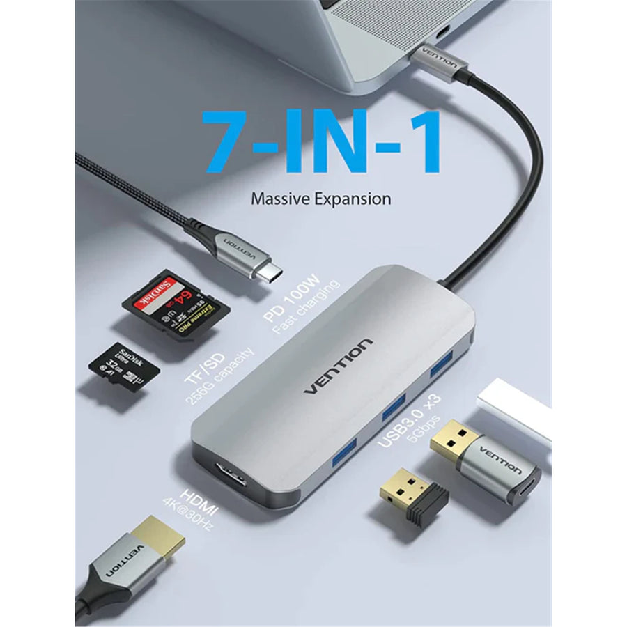 Vention TOJHB  USB-C to HDMI/USB 3.0x3/SD/TF/PD Docking Station Gray 0.15M Aluminum Alloy Type