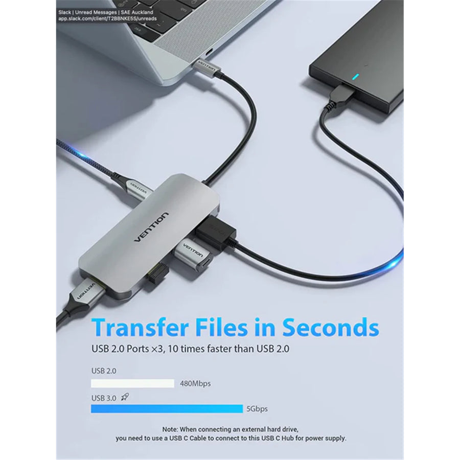 Vention TOJHB  USB-C to HDMI/USB 3.0x3/SD/TF/PD Docking Station Gray 0.15M Aluminum Alloy Type