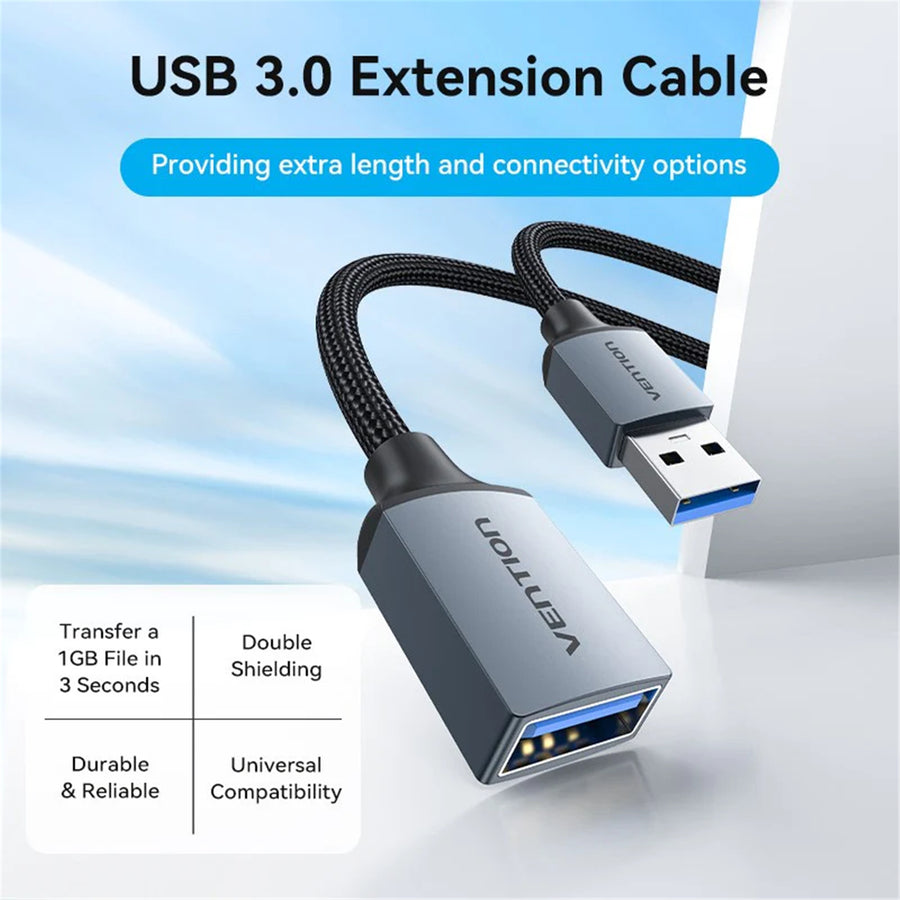 Vention Cotton Braided USB 3.0 Type A Male to Female Extension Cable 2M Gray Aluminum Alloy Type