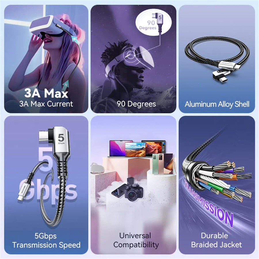Vention USB 3.0 C Male to C Male Right Angle VR Cable 3M Gray Aluminum Alloy Type