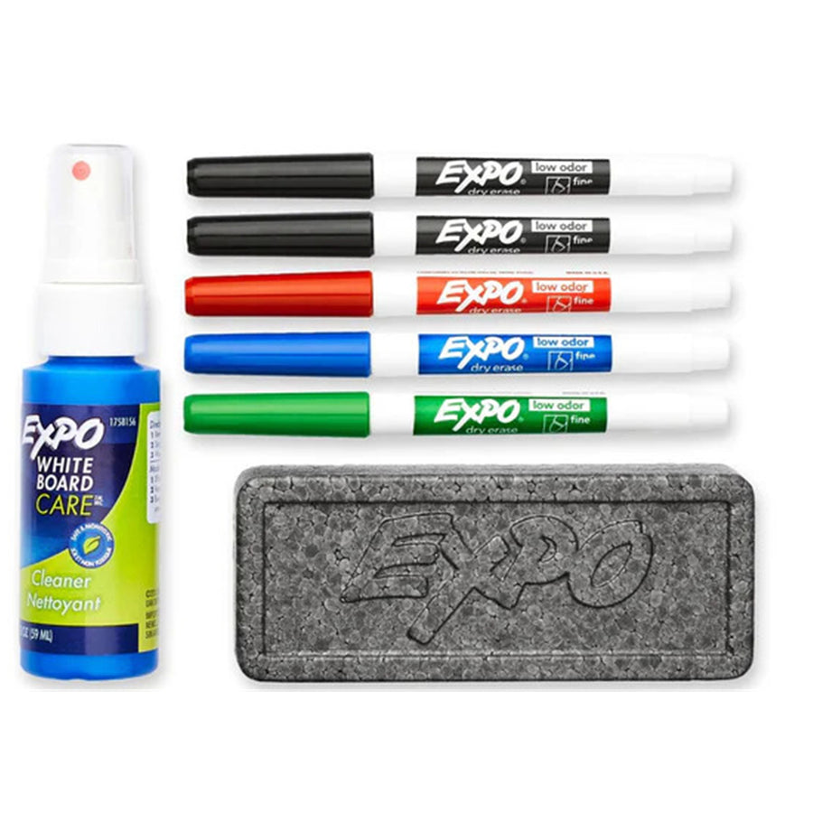 EXPO 80675 - Dry Erase Markers w/ Fine Point Tips Clean Spray Eraser Red Blue Green & Black