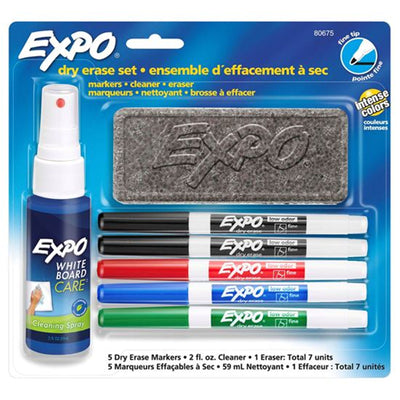 EXPO 80675 - Dry Erase Marker mit feiner Spitze, Reinigungsspray, Radiergummi Rot, Blau, Grün & Schwarz