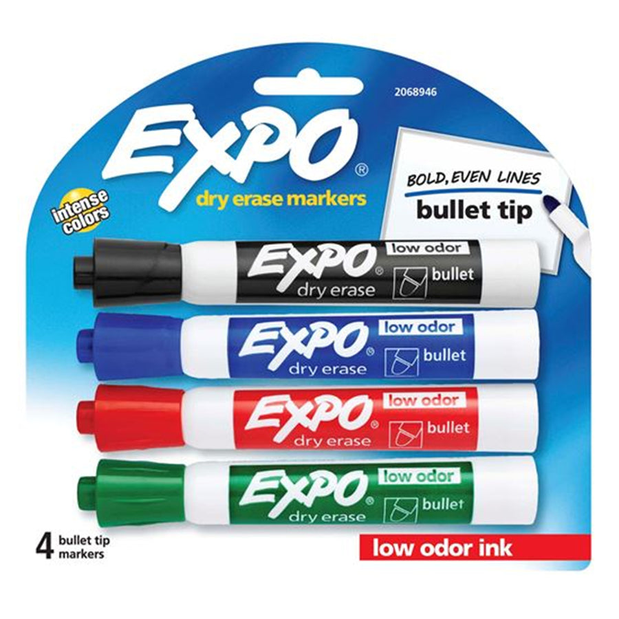 EXPO 2081760 - Dry Erase Markers Bullet Marker 4-Pack. 4x Assorted Red Blue Green & Black