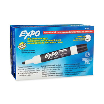EXPO 82001 – Whiteboardmarker Rundspitze 12er-Pack. Schwarze Farbe. Helle, lebendige, ungiftige Tinte.