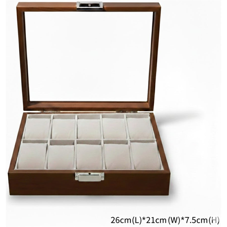 Premium Wooden SmartWatch/Watch Storage Organizer Box with 10 Display Slots - Glass Top - Dimension 26cm(L)*21cm(W)*7.5cm(H)