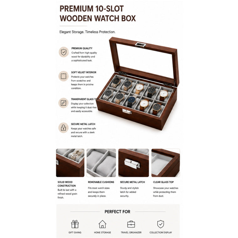 Premium Wooden SmartWatch/Watch Storage Organizer Box with 10 Display Slots - Glass Top - Dimension 26cm(L)*21cm(W)*7.5cm(H)