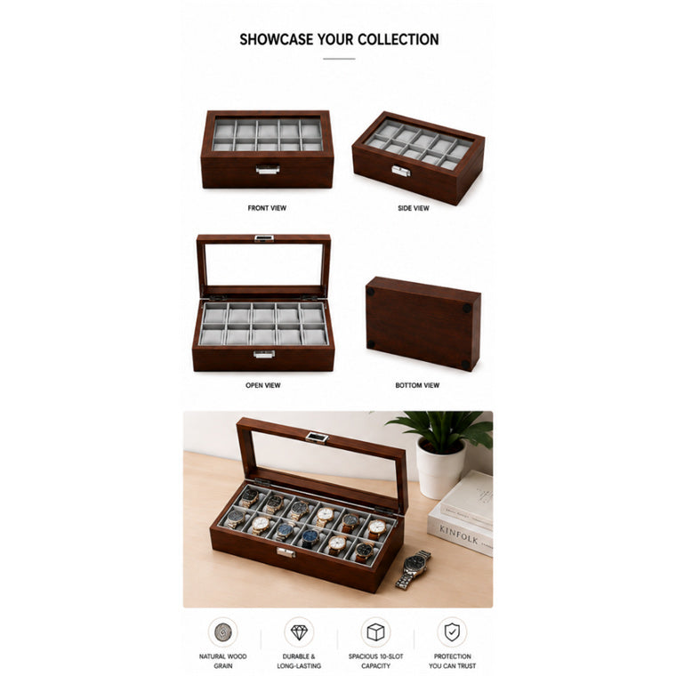 Premium Wooden SmartWatch/Watch Storage Organizer Box with 10 Display Slots - Glass Top - Dimension 26cm(L)*21cm(W)*7.5cm(H)