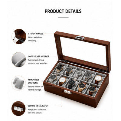 Premium Wooden SmartWatch/Watch Storage Organizer Box with 10 Display Slots - Glass Top - Dimension 26cm(L)*21cm(W)*7.5cm(H)