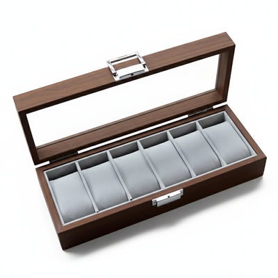 Premium Wooden SmartWatch/Watch Storage Organizer Box with 6 Display Slots - Glass Top - Dimension 31cm(L)*12cm(W)*7.5cm(H)